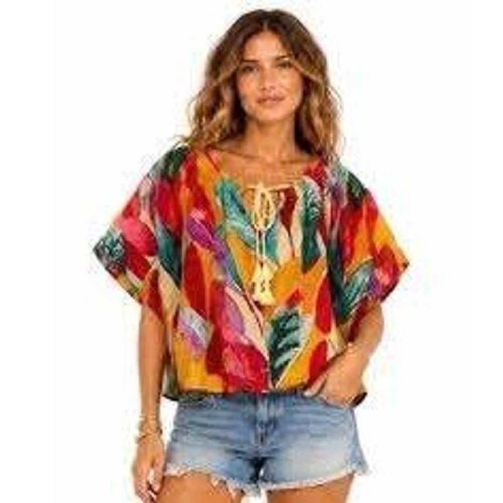 Marc New York Jeans Women Tropical Leaf Print Smocked Tassel Top Multicolor L